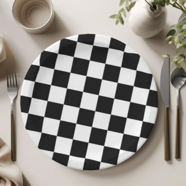 Assiettes En Carton Checkered Black and White Pattern Birthday Party (Checkered Black and White Plate, Black and White Party Decor, Checkered Party Plates, Two Cool Party)