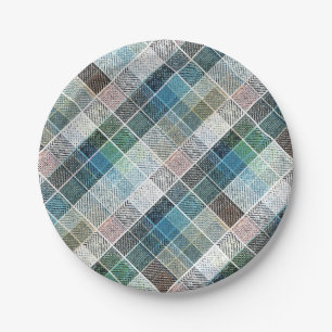 Assiettes En Carton checkered, tartan, plaid, classique, bleu, blanc
