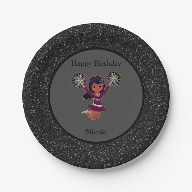 Assiettes En Carton Cheerleader "Joyeux Anniversaire" Black Sparkle (Devant)