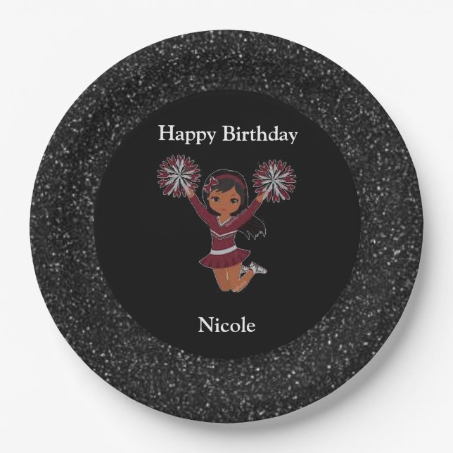 Assiettes En Carton Cheerleader "Joyeux Anniversaire" Black Sparkle (Devant)