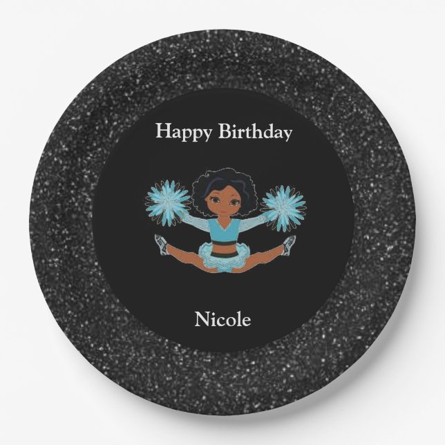 Assiettes En Carton Cheerleader "Joyeux Anniversaire" Black Sparkle (Devant)