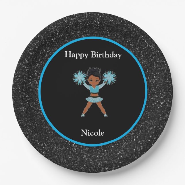 Assiettes En Carton Cheerleader "Joyeux Anniversaire" Black Sparkle (Devant)