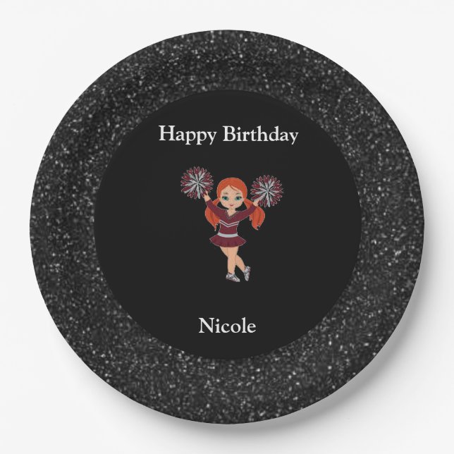 Assiettes En Carton Cheerleader "Joyeux Anniversaire" Black Sparkle (Devant)