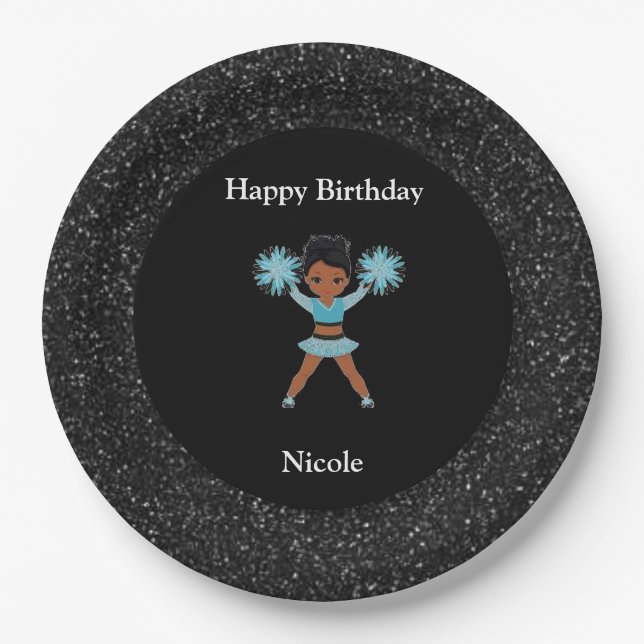 Assiettes En Carton Cheerleader "Joyeux Anniversaire" Black Sparkle (Devant)