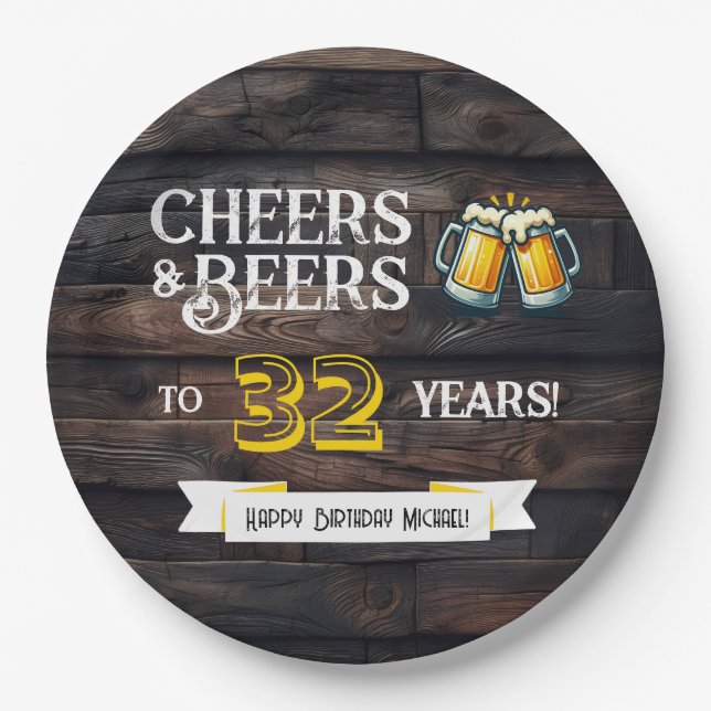 Assiettes En Carton Cheers and Beers to 32 Years Rustic Birthday (Devant)