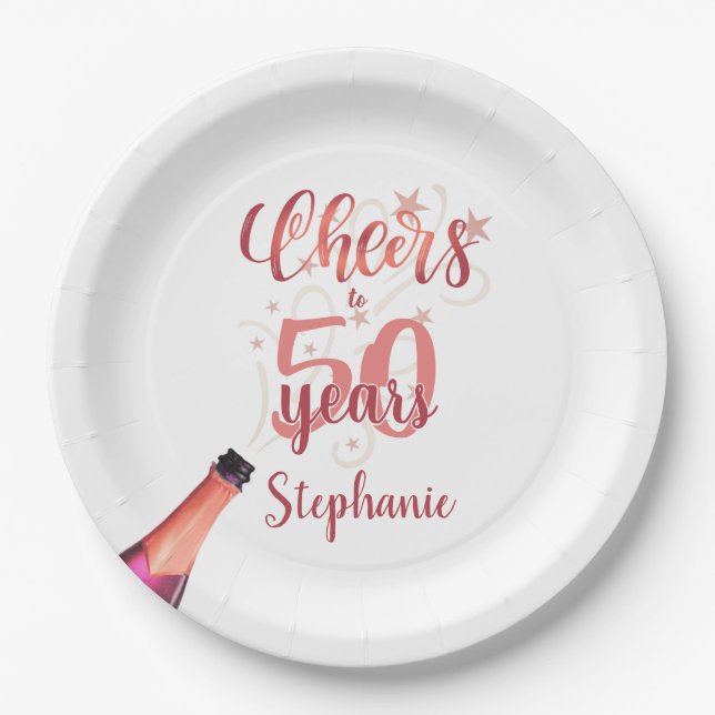 Assiettes En Carton CHEERS D'Anniversaire À # ANNÉES Rose Gold Script (Devant)