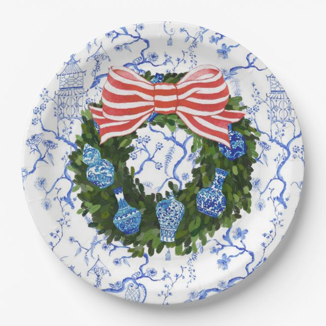 Assiettes En Carton Chemise de Noël bleu et blanc de la Chinoiserie (Devant)