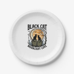 Assiettes En Carton Chemise Halloween Chat Noir Vintage Lune Cimetière