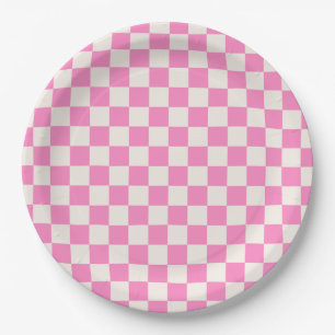 Assiettes En Carton Chèque rose, Motif en damier, À damiers