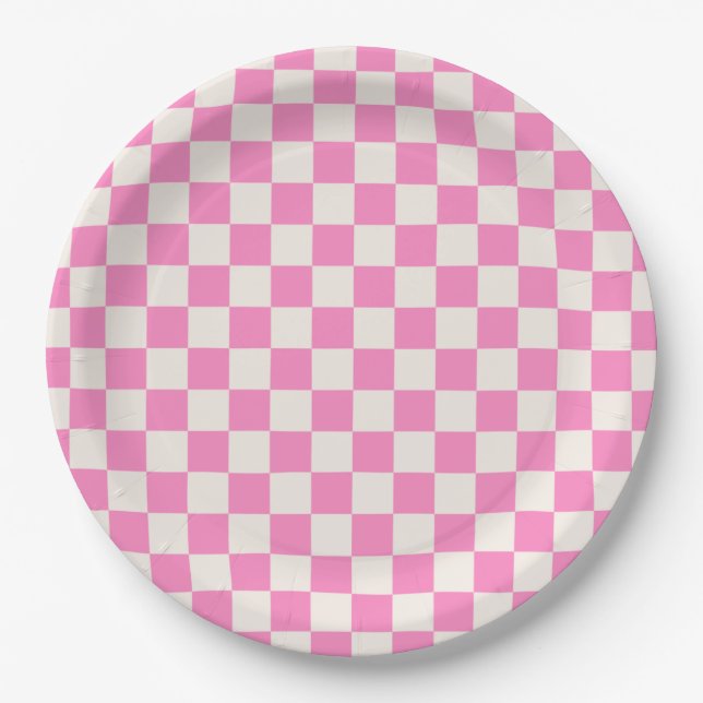 Assiettes En Carton Chèque rose, Motif en damier, À damiers (Devant)