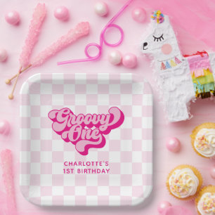 Assiettes En Carton Chèque Super rétro rose et blanc