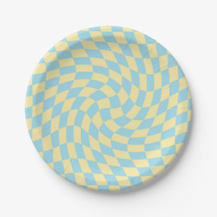 Assiettes En Carton Chèques bleu jaune rétro en damier dépoli