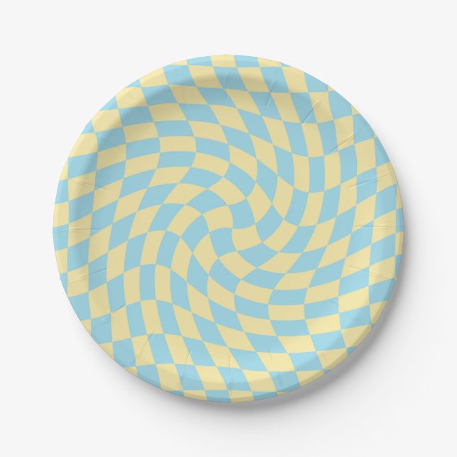 Assiettes En Carton Chèques bleu jaune rétro en damier dépoli (Devant)