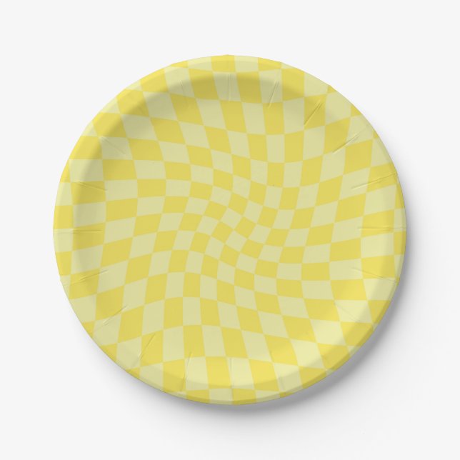 Assiettes En Carton Chèques de citronnade jaune rétro en damier dépoli (Devant)