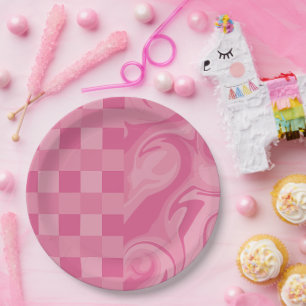 Assiettes En Carton Chèques et persiennes - Rose