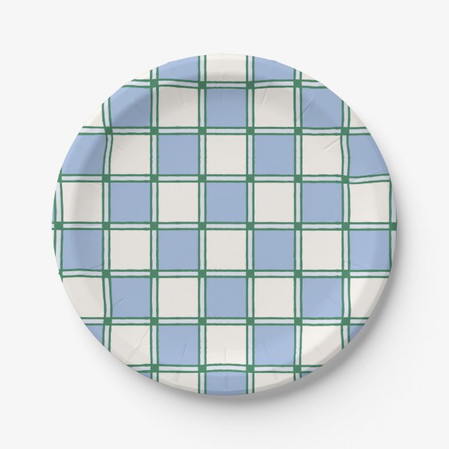 Assiettes En Carton Chèques peints en bleu et vert Preppy/Plaid (Devant)
