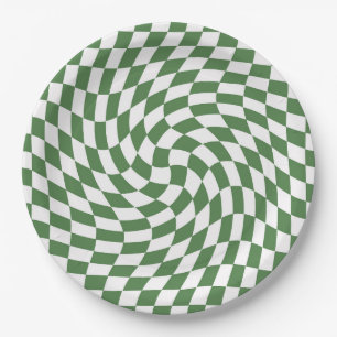 Assiettes En Carton Chèques vert olive et blanc À damiers Motif