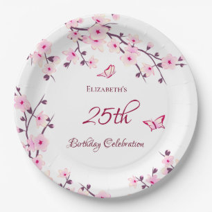 Assiettes En Carton Cherry Blossom Rose Blanc Personnalisé Anniversair