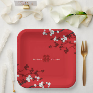 Assiettes En Carton Cherry Blossoms & Double Bonheur Mariage chinois