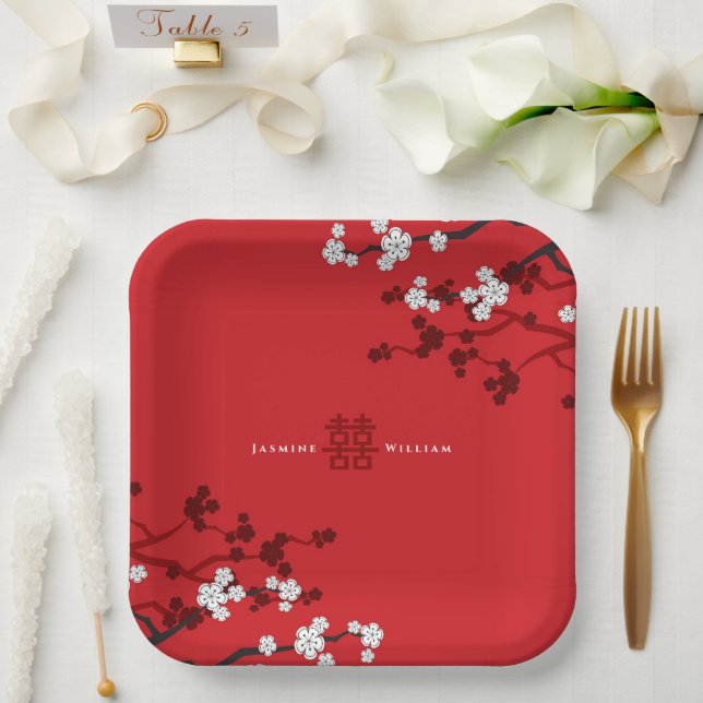 Assiettes En Carton Cherry Blossoms & Double Bonheur Mariage chinois (Mariage)