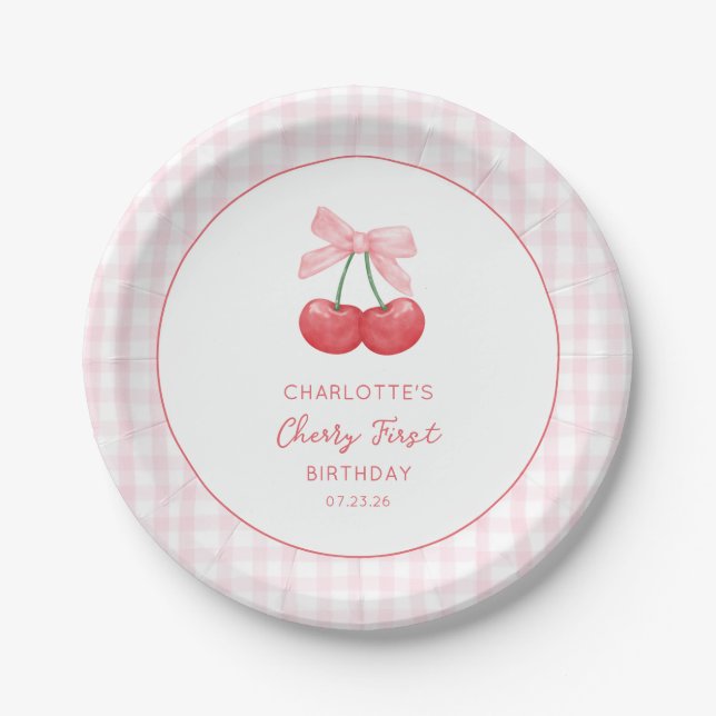 Assiettes En Carton Cherry First Birthday Pink Gingham Girls One Year  (Devant)