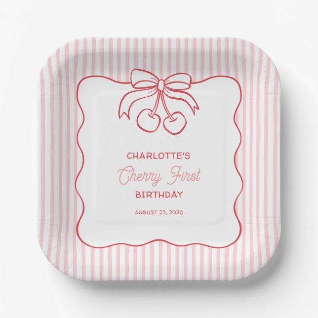 Assiettes En Carton "Cherry First" Birthday Pink Stripe Bow Girly (Recto)