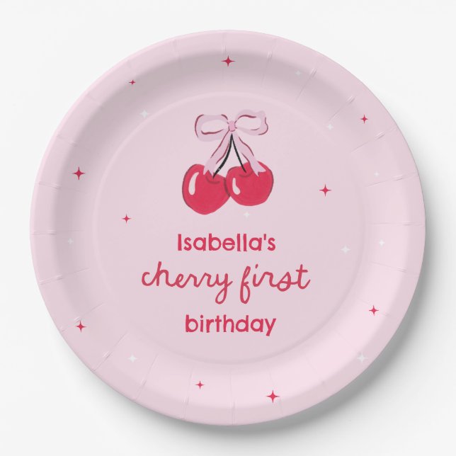 Assiettes En Carton Cherry First Birthday with Pink Preppy Bow (Devant)