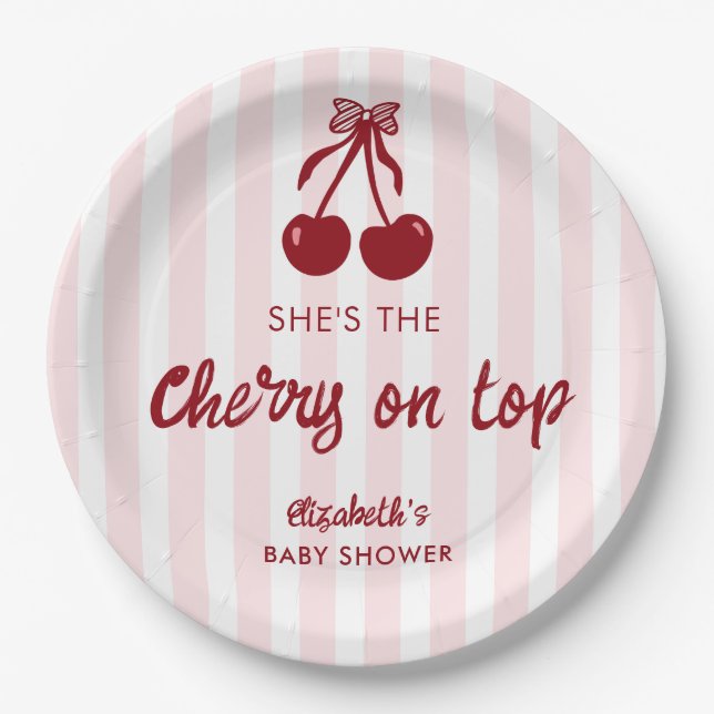 Assiettes En Carton Cherry on Top Baby Shower Pink Stripes Coquette (Devant)