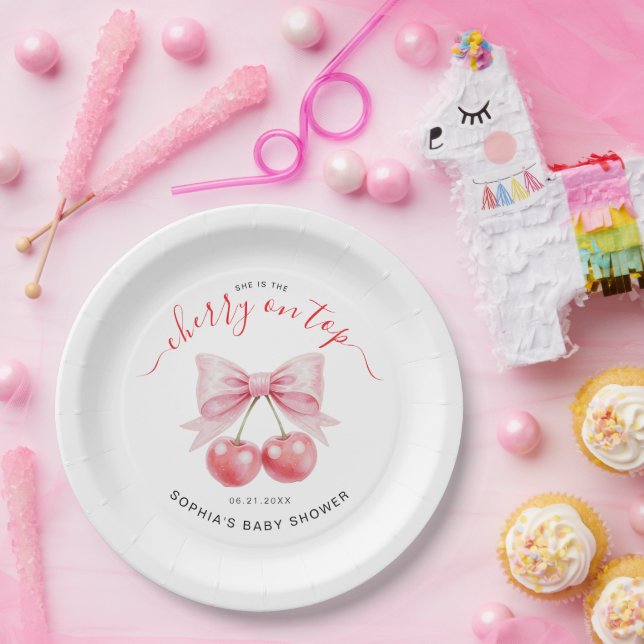 Assiettes En Carton Cherry On Top Sweet Coquette Girl Baby Shower (Fête)