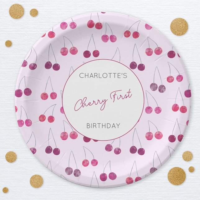 Assiettes En Carton Cherry Premier Anniversaire Personnalisé Aquarelle (Modern Cherry First birthday personalized party paper plates)