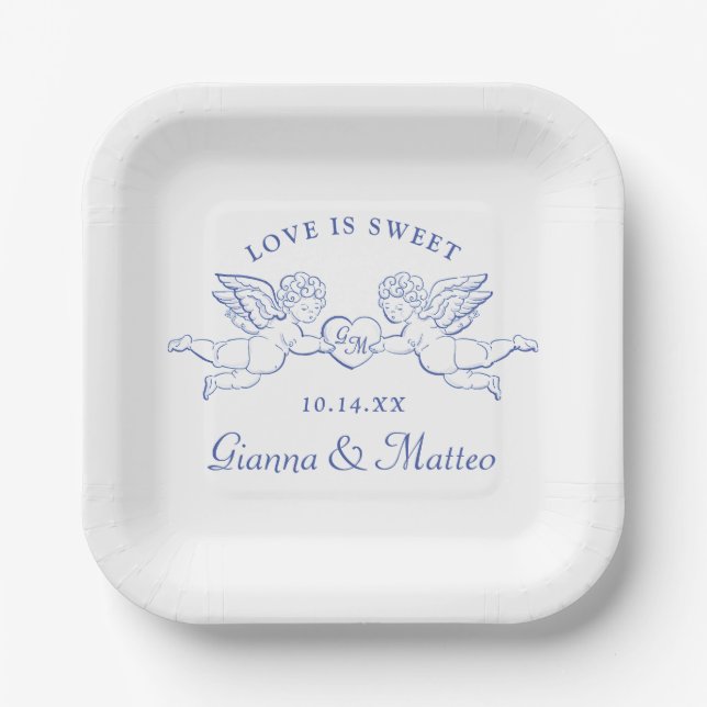 Assiettes En Carton Cherubs Holding Heart Couple Cupids Initials (Recto)