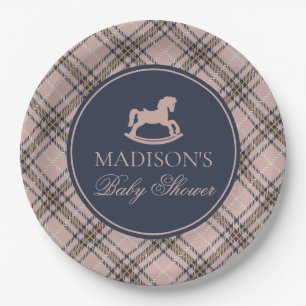 Assiettes En Carton Cheval à Bascule à Carreaux Tartan Rose pour Baby