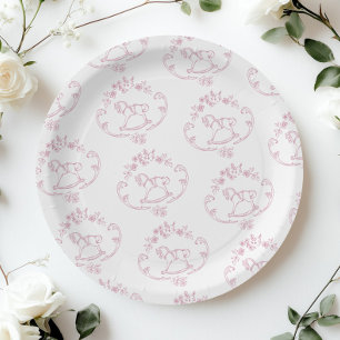 Assiettes En Carton Cheval à bascule Toile de Jouy rose douche pour bé