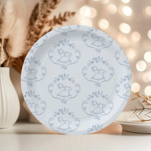 Assiettes En Carton Cheval à bascule vintage Toile Bleue baby shower