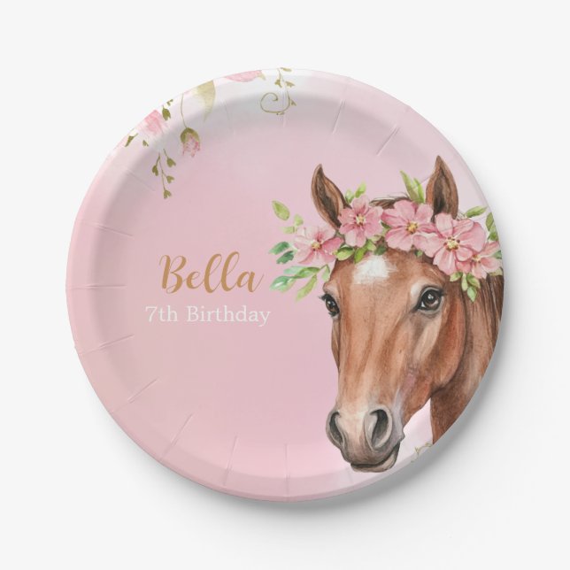 Assiettes En Carton Cheval Anniversaire Fête Cowgirl rose Floral Anniv (Devant)