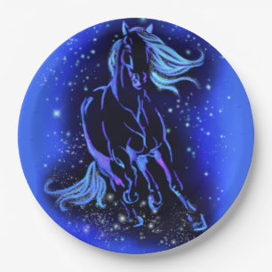 Assiettes En Carton Cheval Bleu Néon Couchant Au Lune Starry Night 