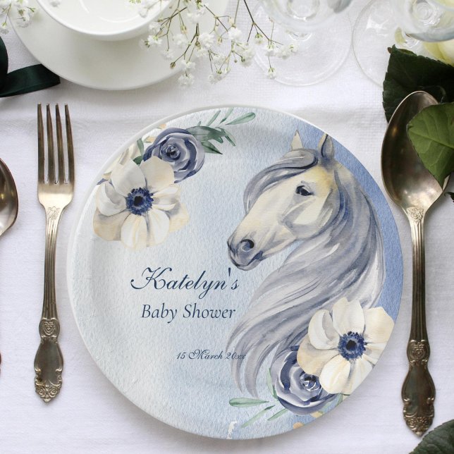 Assiettes En Carton Cheval cowgirl baby shower floral personnalisé (Horse themed baby shower plates horse party tableware personalized equestrian party plates)
