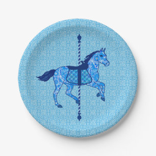 Assiettes En Carton Cheval de carrousel - bleu de cobalt et de ciel