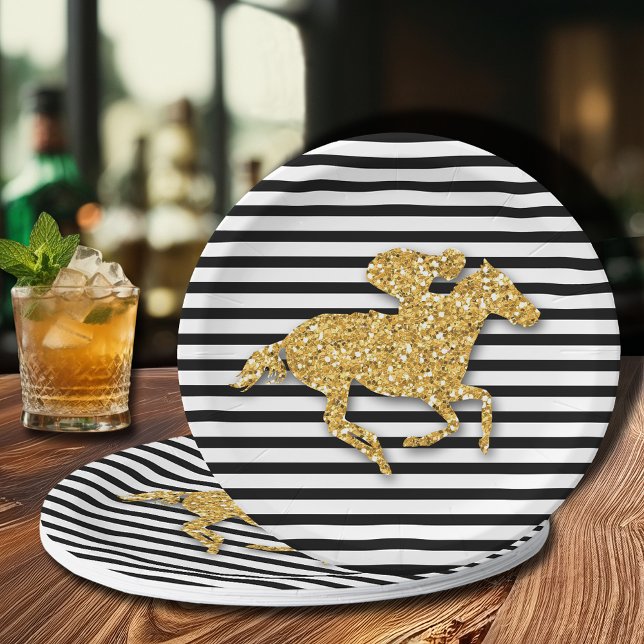 Assiettes En Carton Cheval de course d'or sur bandes noir et blanc (Gold racehorse on black and white stripes Derby-themed bridal shower paper plates)