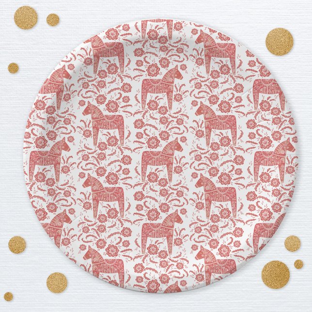 Assiettes En Carton Cheval de Dala suédois Rouge et blanc (Swedish Dala Horse red and white pattern party paper plate)