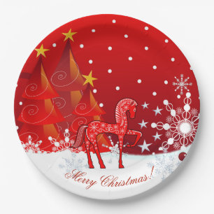 Assiettes En Carton Cheval de Noël, flocons de neige, arbres et texte