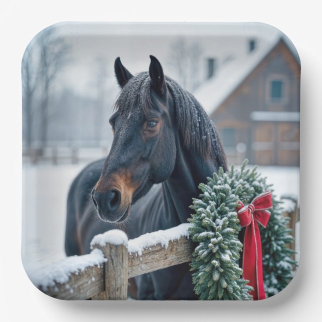 Assiettes En Carton Cheval d'hiver avec couronne de Noël (Recto)