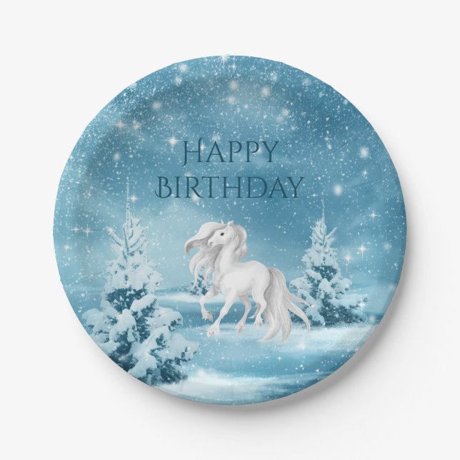 Assiettes En Carton Cheval la nuit neige hiver Joyeux anniversaire (Devant)