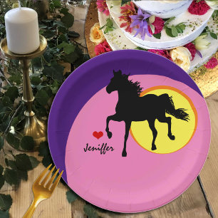 Assiettes En Carton Cheval Noir Courir & Amour Chevaux / nom