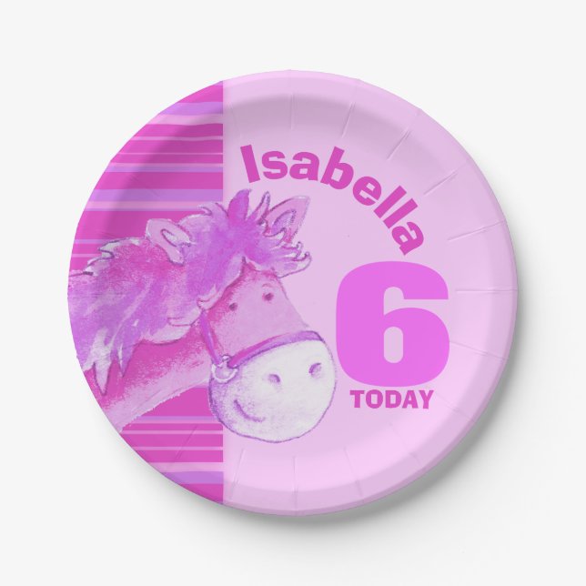 Assiettes En Carton Cheval rose aquarelle fête d'anniversaire (Devant)