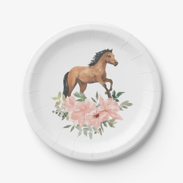 Assiettes En Carton Cheval rose Floral fête d'anniversaire (Devant)