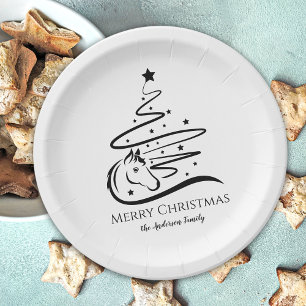 Assiettes En Carton Cheval sapin de Noël noir et blanc Equestre