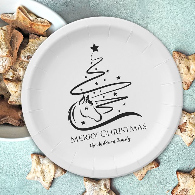 Assiettes En Carton Cheval sapin de Noël noir et blanc Equestre (Horse Christmas tree paper plates, horse lover Christmas table decor, personalized)
