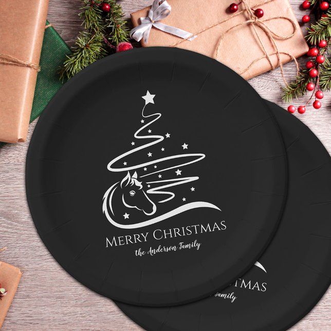 Assiettes En Carton Cheval sapin de Noël noir et blanc Equestre (Horse Christmas tree black and white personalized paper plates for horse lovers)