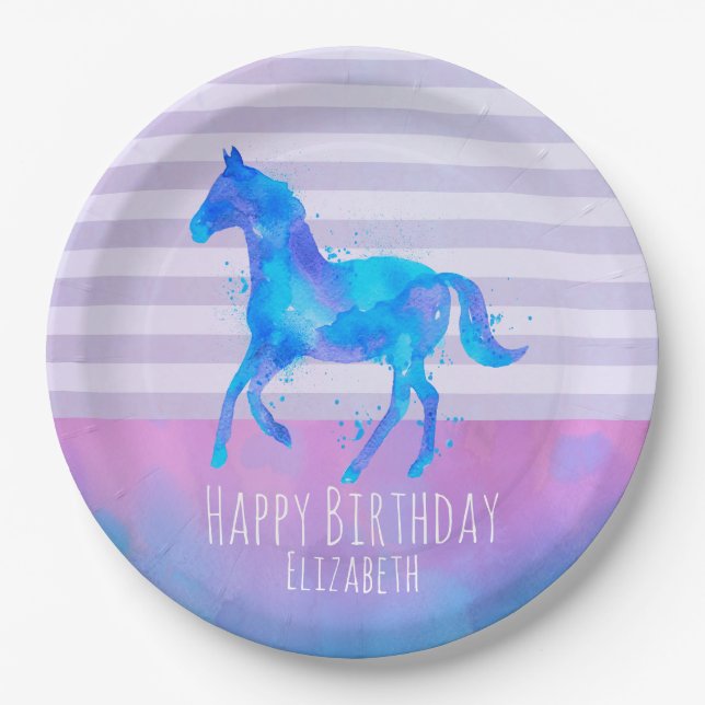 Assiettes En Carton Cheval sauvage en Aquarelle bleu et violet Anniver (Devant)